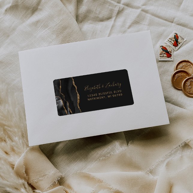 Chic Black Gold Dark Wedding RSVP Self-Address Label (Creator Uploaded)