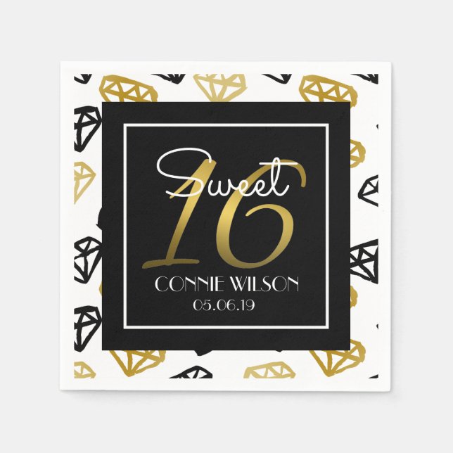 Chic Black & Gold Diamond 16th Birthday Custom Paper Napkins (Front)