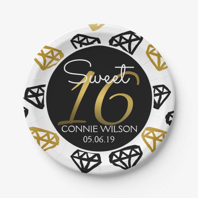 Chic Black & Gold Diamond 16th Birthday Custom Paper Plates (Front)