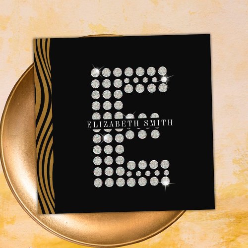 Chic Black Gold Diamond Initial E Monogram QR Code Square Business Card