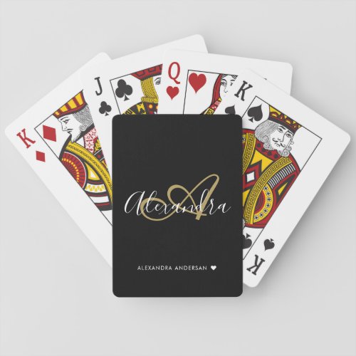 Chic Black Gold Elegant Monogram Script Name Initi Poker Cards