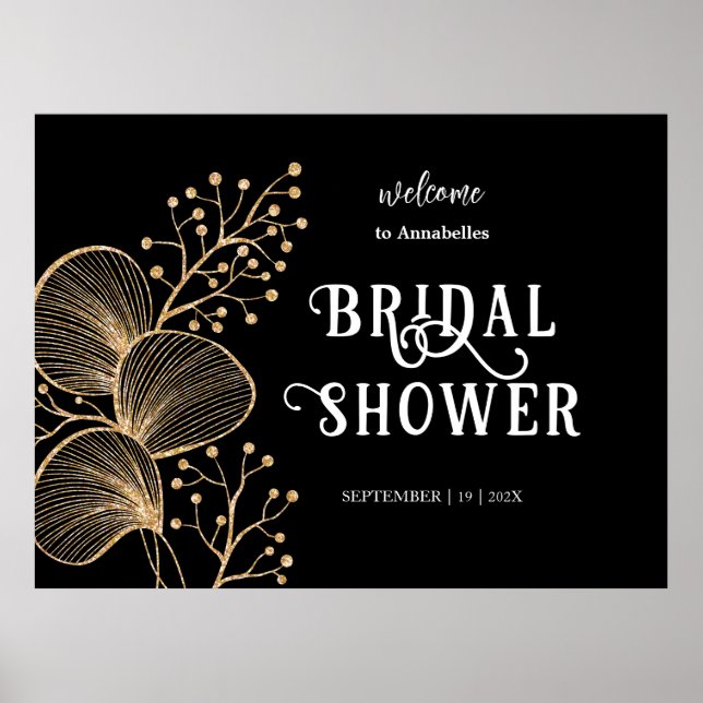Chic Black & Gold Elegant Script Bridal Shower Poster (Front)