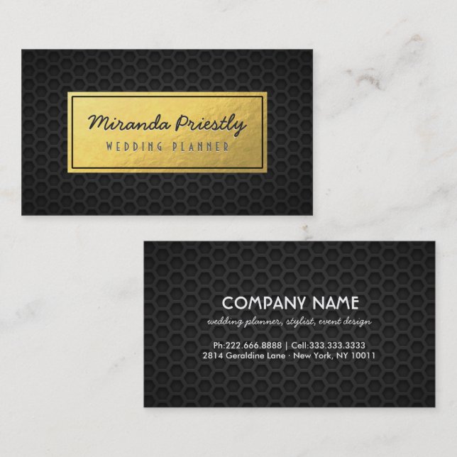 Chic Black & Gold Faux Gold Foil Dark Metal Grid Business Card (Front/Back)