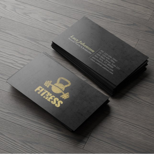 Chic Black Gold Fitness Trainer Kettlebell Barbell Business Card (Creator Uploaded)