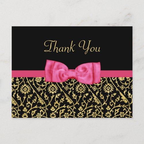 Chic Black Gold Floral Damask Pink Bow Thank You Postcard