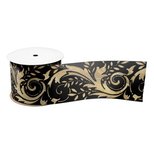 Chic Black Gold Floral Scroll Modern Pattern Satin Ribbon