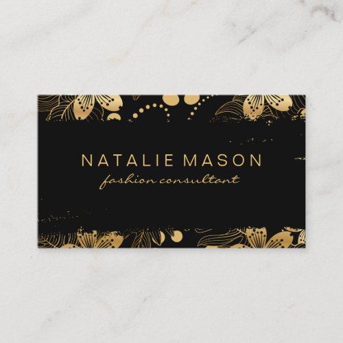 Chic Black Gold Flowers Business Card