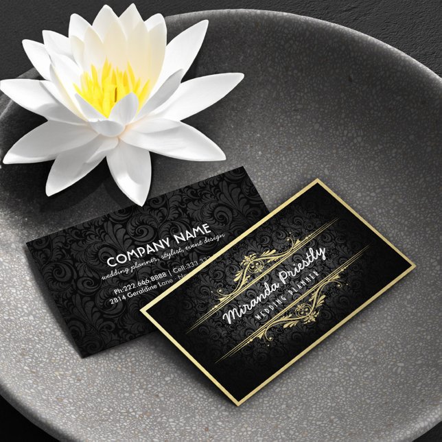 Chic Black Gold Foil Flora Damask Wedding Planner Business Card (Creator Uploaded)