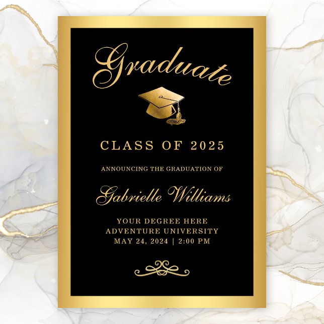 Chic Black Gold Frame Script Graduation Announcement (Chic Black Gold Border Typography Graduation Announcement)