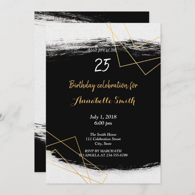 Chic Black & Gold Geometric frame Birthday Invitation (Front/Back)