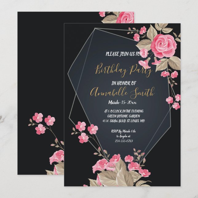 Chic Black & Gold Geometric frame Birthday Party Invitation (Front/Back)