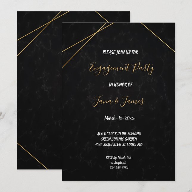 Chic Black & Gold Geometric frame Engagement Invitation (Front/Back)
