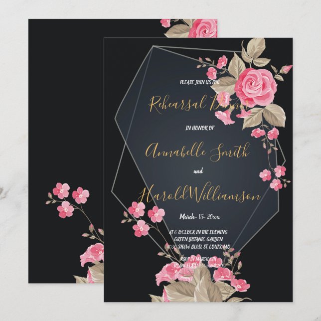 Chic Black & Gold Geometric frame Rehearsal Dinner Invitation (Front/Back)