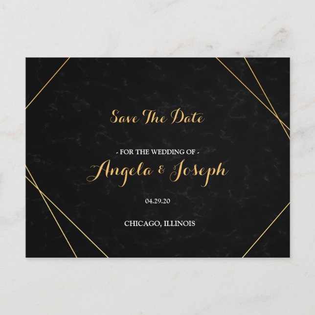 Chic Black & Gold Geometric frame Save the Date Postcard (Front)
