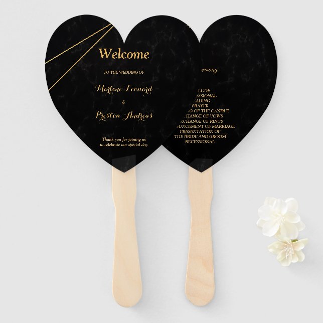 Chic Black & Gold Geometric frame Wedding Program Hand Fan (Front and Back)