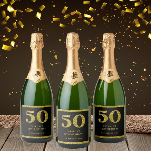 Chic Black  Gold Glitter 50th Birthday Sparkling Wine Label