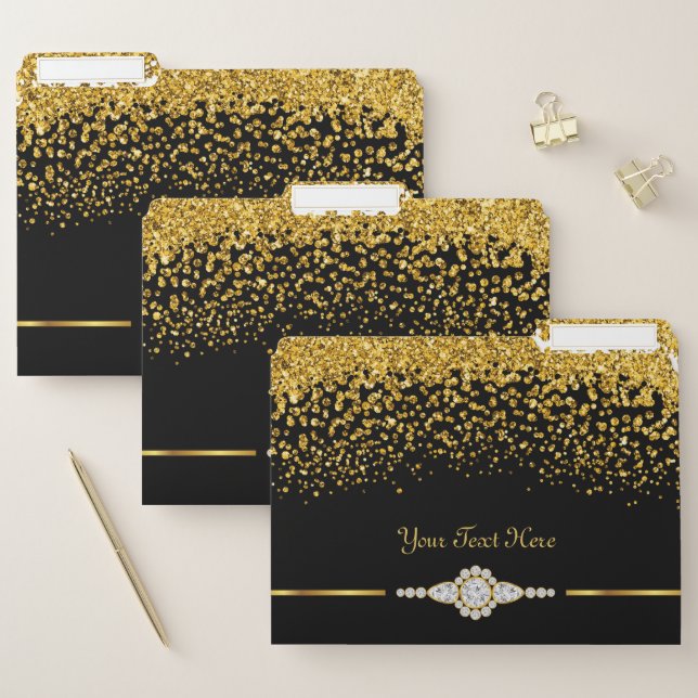 Chic Black Gold Glitter Diamond File Folders (Set)