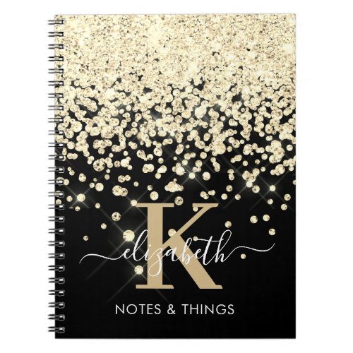 Chic Black Gold Glitter Diamond Monogrammed Notebook