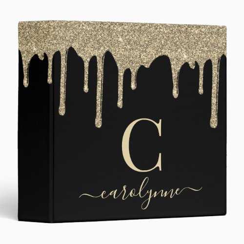 Chic Black Gold Glitter Drips Monogram 3 Ring Binder