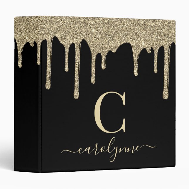 Chic Black Gold Glitter Drips Monogram 3 Ring Binder (Front/Spine)