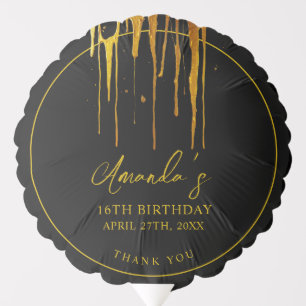 Chic Black & Gold Glitter Drips Sweet 16 Birthday Balloon