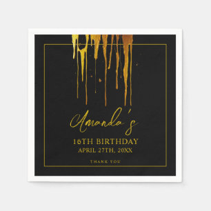 Chic Black & Gold Glitter Drips Sweet 16 Birthday Napkins
