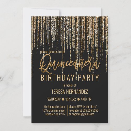 Chic Black Gold Glitter Fringe Curtain Quinceaera Invitation