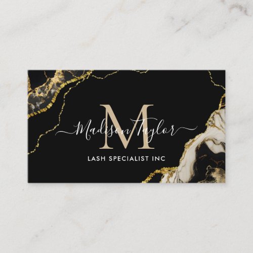 Chic Black Gold Glitter Marble Agate Monogram Business Card