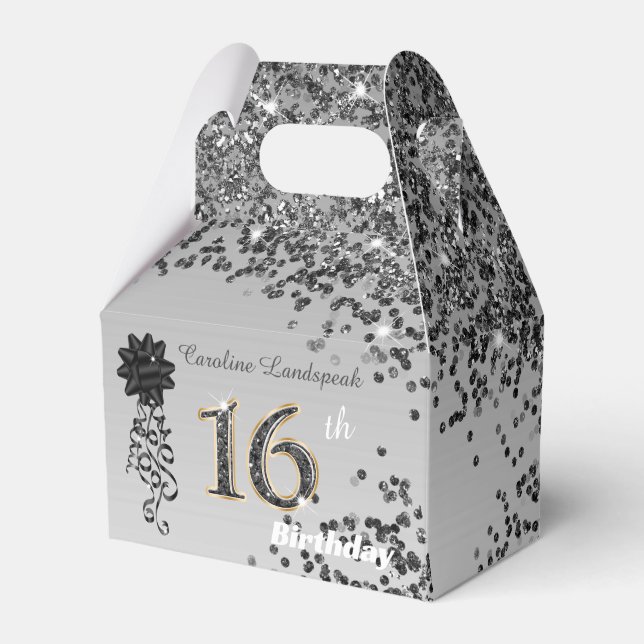 Chic Black Gold Glitter & Ribbon 16th Birthday  Favor Boxes (Front Side)