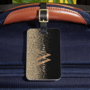 Chic Black Gold Glitter Signature Monogram Luggage Tag