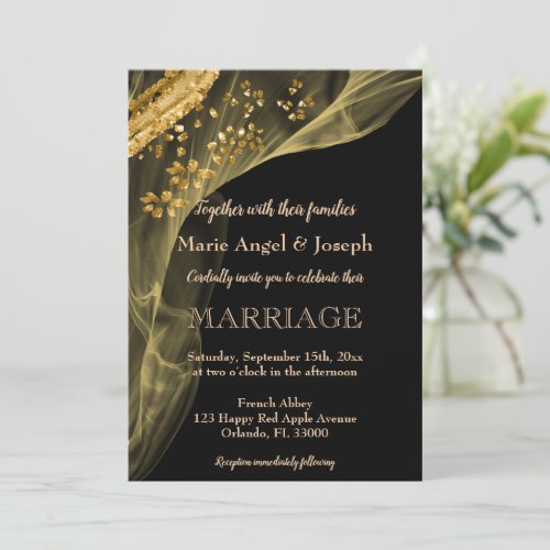 Chic Black  Gold Glitter  Smokey Swirl Invitation