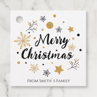 Chic Black Gold Glitter Snowflake Script Christmas Favor Tags