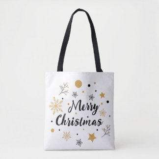 Chic Black Gold Glitter Snowflake Script Christmas Tote Bag