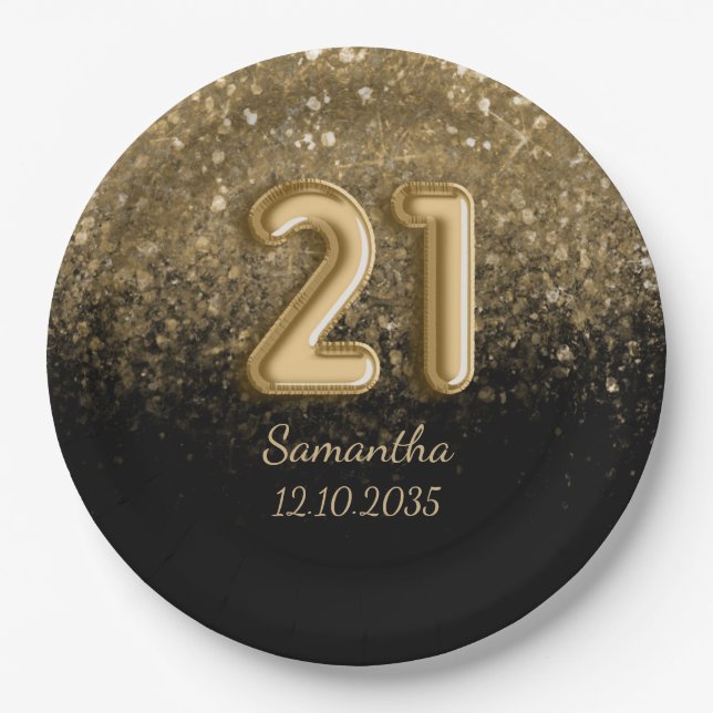 Chic Black Gold Glitter Sparkle 21 Birthday  Paper Plates (Front)