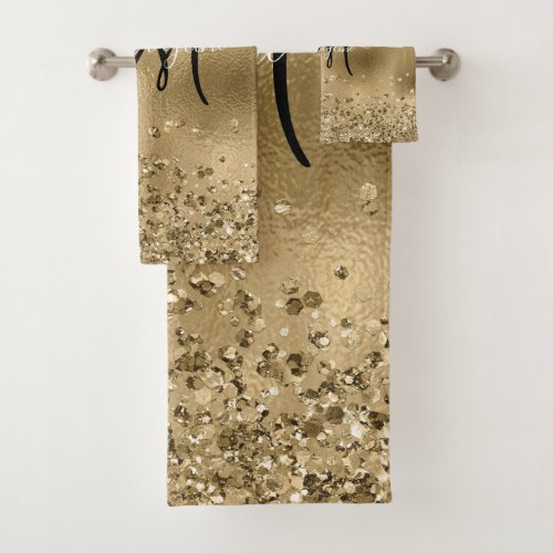 Chic Black Gold Glitters Monogram Name     Bath Towel Set