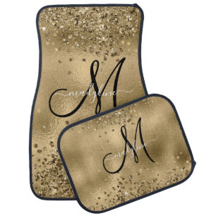 Chic Black Gold Glitters Monogram Name Car Floor Mat