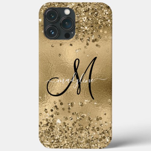 Chic Black Gold Glitters Monogram Name  iPhone 13 Pro Max Case