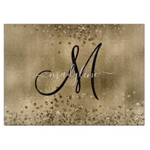Chic Black Gold Glitters Monogram Name  Cutting Board