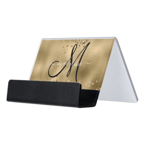 Chic Black Gold Glitters Monogram Name   Desk Business Card Holder