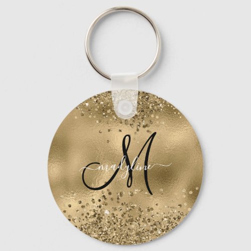 Chic Black Gold Glitters Monogram Name   Keychain