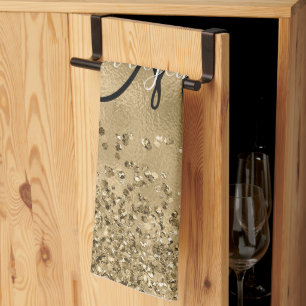 Chic Black Gold Glitters Monogram Name     Kitchen Towel