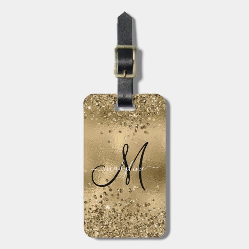 Chic Black Gold Glitters Monogram Name    Luggage Tag