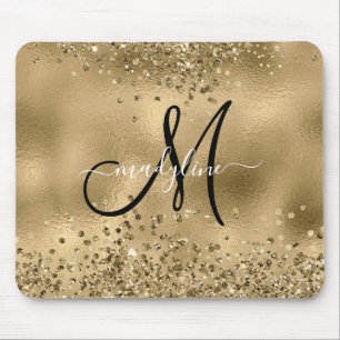 Chic Black Gold Glitters Monogram Name   Mouse Pad