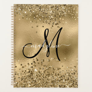 Chic Black Gold Glitters Monogram Name Planner