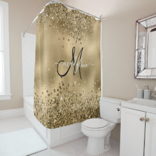Chic Black Gold Glitters Monogram Name    Shower Curtain
