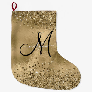 Chic Black Gold Glitters Monogram Name Small Ch Large Christmas Stocking