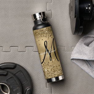 Chic Black Gold Glitters Monogram Name Water Bottle