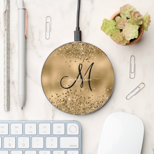 Chic Black Gold Glitters Monogram Name Wireless Charger