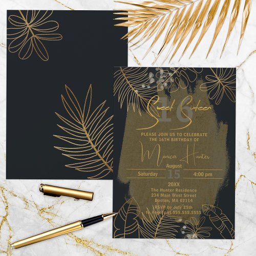 Chic Black Gold Glittery Tropical Foliage Sweet 16