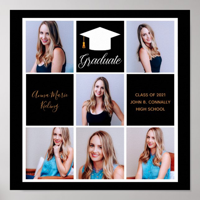 Chic Black Gold Graduation Senior Portrait Photo Poster (Front)